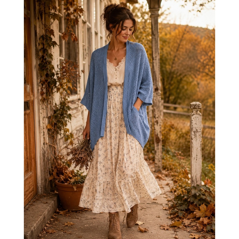 ModCloth Blue Pointelle Diamond Knit Batwing Open Front Cardigan 1X/2X Boho